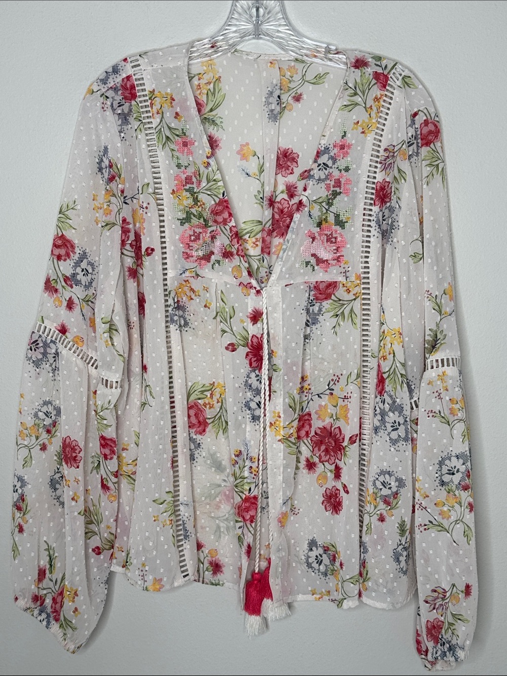 Time and Tru ivory Sheer Floral Blouse with Pink & Yellow Tie Front XL